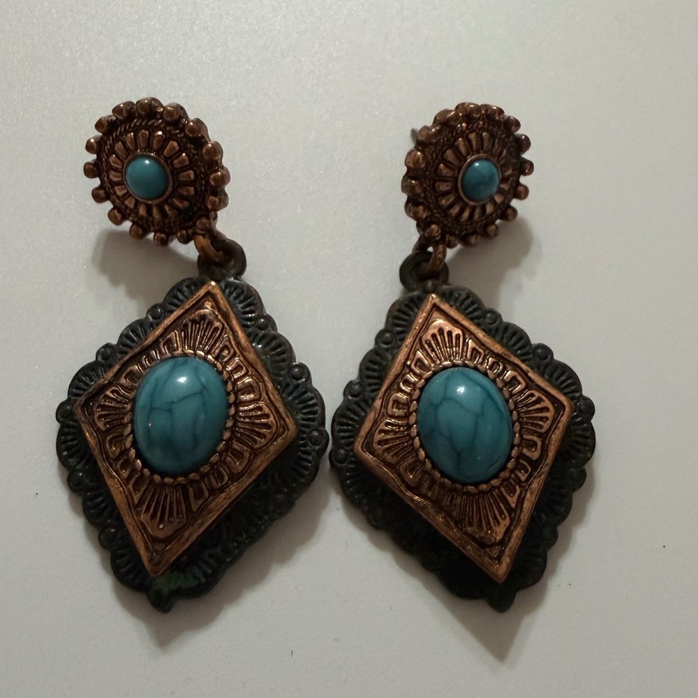 Southwestern Copper Tone Faux Turquoise Dangle Statement Earrings Boho Indie